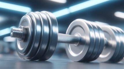 Shiny metal dumbbells on gym floor with dramatic lighting, strength training and bodybuilding concept, fitness equipment close-up for workout motivation and modern copy space.