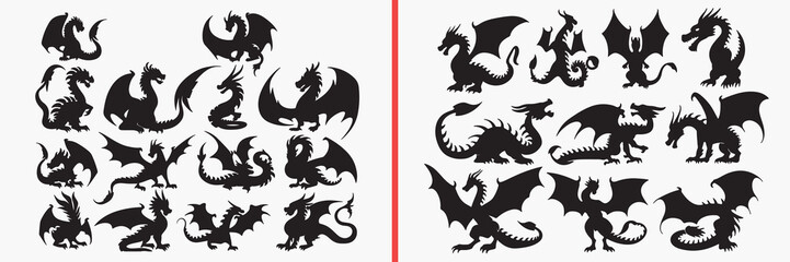 dragon head silhouette vector, fantasy dragon art black silhouettes, mythical dragon illustration set, decorative dragon outline art, fantasy vector collection, dragon icon set, creature clipart silho
