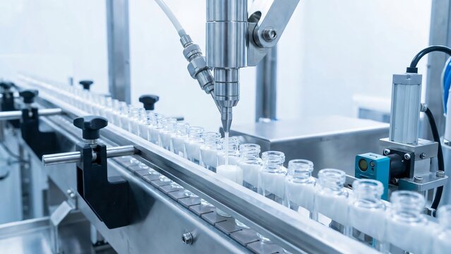 Automated filling machine dispensing liquid into rows of small glass bottles on a conveyor belt