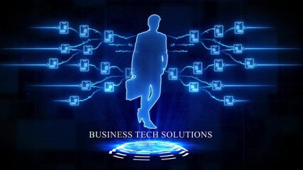 Business tech solutions illustrated by a businessman silhouette connected to a digital network of devices - Powered by Adobe