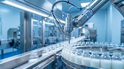 Robotic arm dispensing liquid into glass bottles on an automated production line