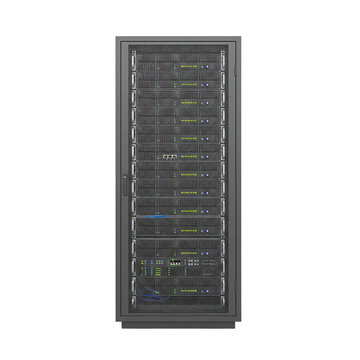 Data center server rack with networking equipment and lights