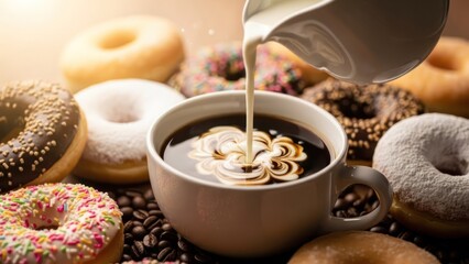 Cream being poured into coffee, surrounded by assorted donuts and coffee beans, sunny light