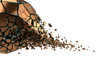 highly polished metallic bronze geometric form shattering into sharp voronoi shards with verdigris accents, dramatic rim lighting on infinite white. concept of dynamic destruction