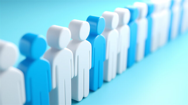 Row of blue and white miniature people figures in perspective, symbolizing teamwork, hiring, and workforce organization. Clean minimal composition on light blue background with copy space.