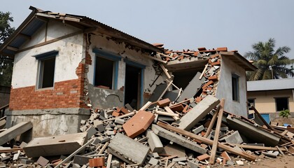 Dilapidated House with Visible Damage and Debris After Demolition in an Urban Environment
