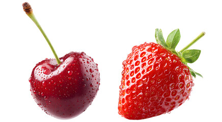 Cherry and strawberry with water drops isolated on transparent background. Juicy red fruits, healthy food concept.