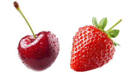Cherry and strawberry with water drops isolated on transparent background. Juicy red fruits, healthy food concept.
