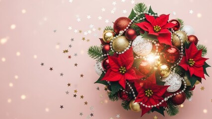 Festive Christmas arrangement of ornaments, poinsettias, and sparkles on a pink background