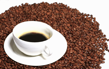 black coffee aroma coffee beans with black hot coffee in cup no people on a white background stock photo stock image