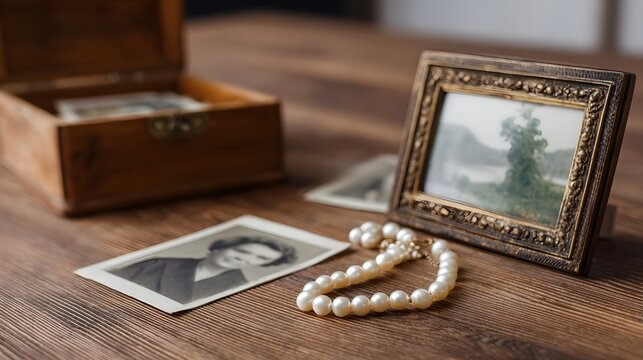 Vintage keepsakes like a wooden box framed photo and pearl necklace rest on a wooden table evoking memories