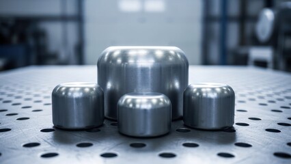 Four metal cylindrical forms of varying sizes arranged on a metallic perforated surface