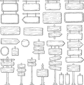 Wooden signboard, doodle wood road sign, sign posts or boards design template, wooden signboards collection, wood frame, Nail bar label, farm name billboard, antique banner isolated vector set