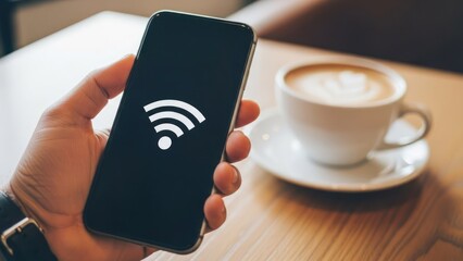 Hand holding phone displaying Wi-Fi icon next to latte on table. Focus on technology