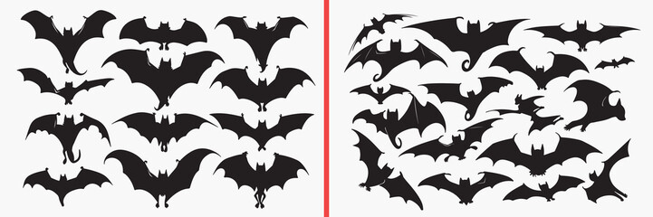 Fototapeta premium bat silhouette vector, halloween bat black silhouettes, flying bat illustration set, spooky bat outline art, horror halloween vector collection, bat icon set, bat clipart silhouettes, spooky graphic e