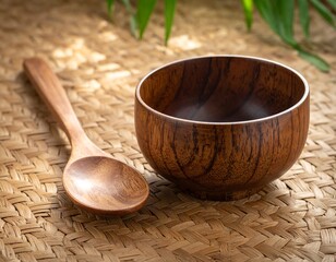 Natural Wooden Kitchenware on Woven Texture, Tropical Style