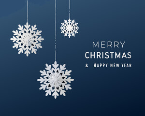 Festive christmas card design with hanging snowflakes and holiday greetings © Etika