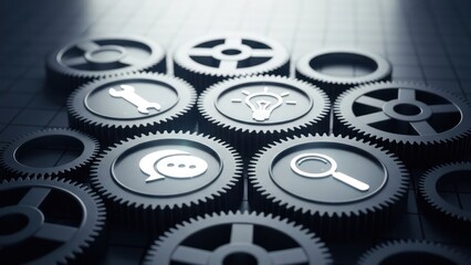 Interlocking gear icons with tools, ideas, chat & search symbols, suggesting collaboration
