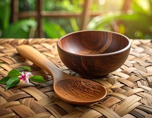 Wooden Spoon and Bowl on Woven Surface in Tropical Realism