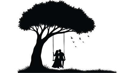 A romantic scene of a couple on a swing beneath a large tree a striking silhouette © Pvect02
