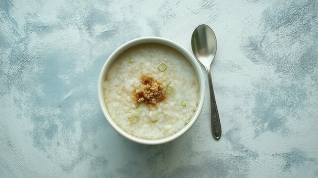 Clean overhead flat lay of a white porcelain bowl filled with smooth rice porridge. 