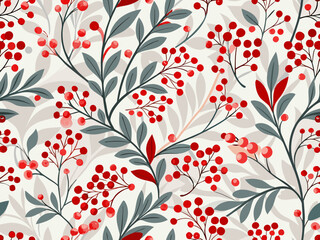 Seamless floral pattern with red berries and delicate gray green leaves