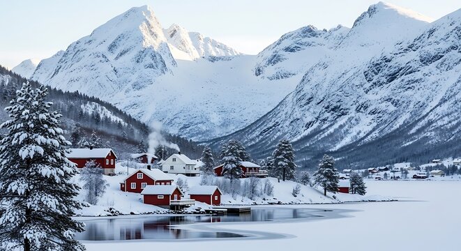 Snowy village on frozen lake mountains. - Powered by Adobe
