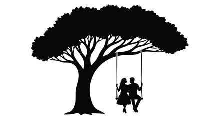 A peaceful scene of a couple on a swing beneath a large leafy tree silhouette