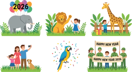 Fototapete Rund Zoo Happy New Year 2026 family and wildlife celebration illustration with animals kids balloons zoo fun festive vector scene  © Creatives World