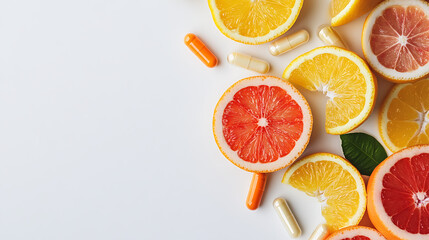 Bright citrus slices and vitamin capsules on a white background symbolize healthy eating. Oranges and grapefruits convey the importance of vitamin intake.