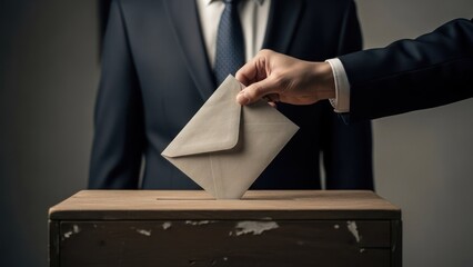 Person in suit votes, placing an envelope in a wooden ballot box. Another arm assists