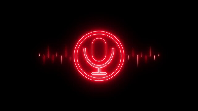 Neon glowing Voice recording podcast mic microphone icon animation. Audio wave microphone icon animation. Podcast recording Audio Icon with Microphone and Wave Form of Sound or Music.4k video