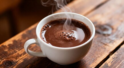 hot thick chocolate in a white cup on wooden table