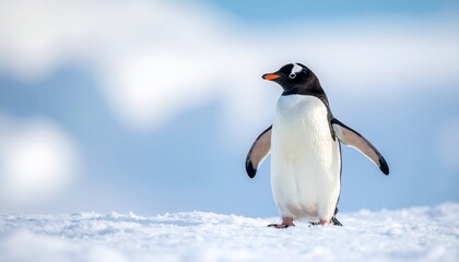 Fototapeta premium A Single Gentoo Penguin Stands Proudly on a Snowy Landscape Under a Bright Blue Sky