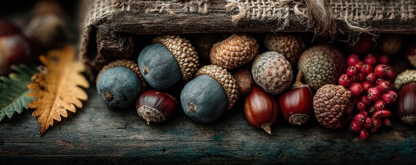 Autumn harvest on a wooden table with acorns, pine cones, and red berries