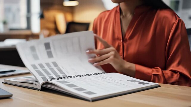Woman Flipping Pages of Spiral Bound Document on Wooden Desk