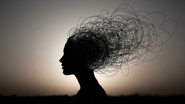 Silhouette of a woman with a chaotic scribble emanating from her head against a gradient sky