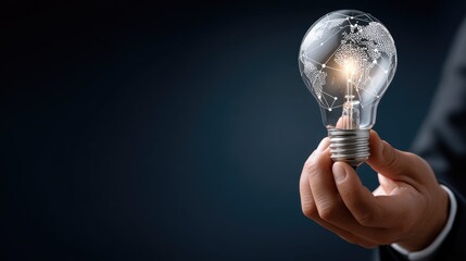 Hand holding a glowing light bulb with connected icons symbolizing ideas and innovation in a dark background