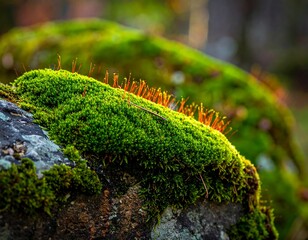Fototapeta premium Close-up of vibrant green moss growing on a gray stone surface