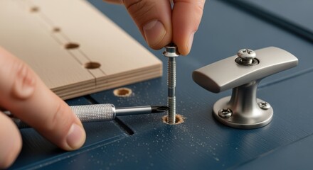 Closeup of fingers tightening screws in freshly drilled holes after using a template jig to install sleek cabinet knobs during a kitchen makeover.