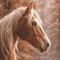 Naklejka premium Beautiful brown horse with white mane gazing calmly in warm autumn light