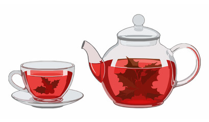 Festive glass teapot and teacup with red berry holiday tea vector illustration