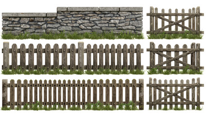 Collection of Stone and Wooden Fences Includes Stone Wall and Various Wooden Designs