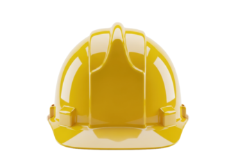 Photorealistic, pristine high-gloss safety yellow construction hard hat, front profile view. Professionally lit on a white background, maximizing sharpness and reflective texture. Concept of