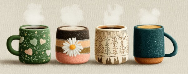 Colorful ceramic coffee mugs with steaming tops, cozy design, and decorative patterns for coffee lovers