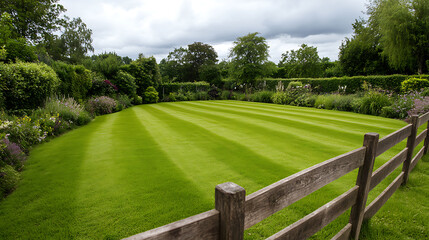 A lush, green lawn with striped mowing patterns, bordered by trees and a wooden fence, evokes a sense of peace and tranquility. A well-maintained outdoor space.