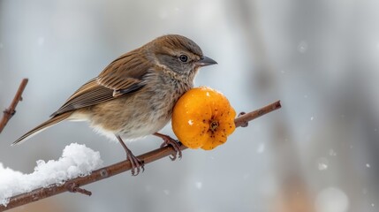 Bird eating fruit in snow