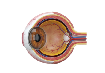 Hyper-detailed, medically accurate 3d cross-section of the human eyeball with visible retina, lens, optic nerve, and blood vessels on a transparent background. Concept of precise medical anatomy