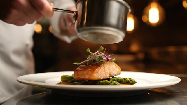 Chef plating gourmet salmon with asparagus, pouring sauce in a fine dining restaurant