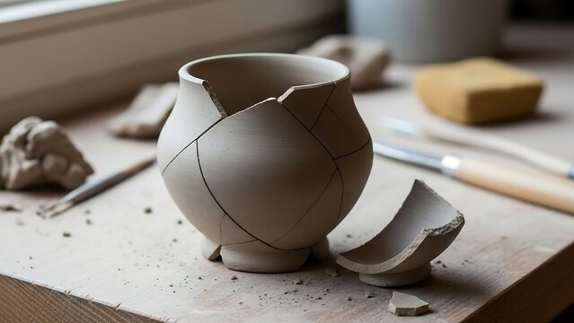 Broken clay pottery on worktable studio.